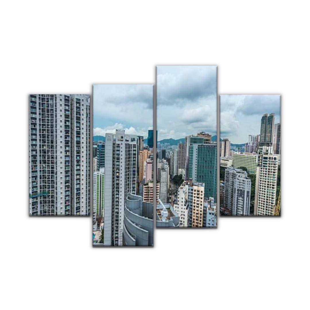 Hong Kong Causeway Bay Skyline Wall Art - 4 Panel Canvas Prints, Cityscape Oil Painting, Modern Home Decor, Landscape Artwork Gift for Living Room, Bedroom & Office