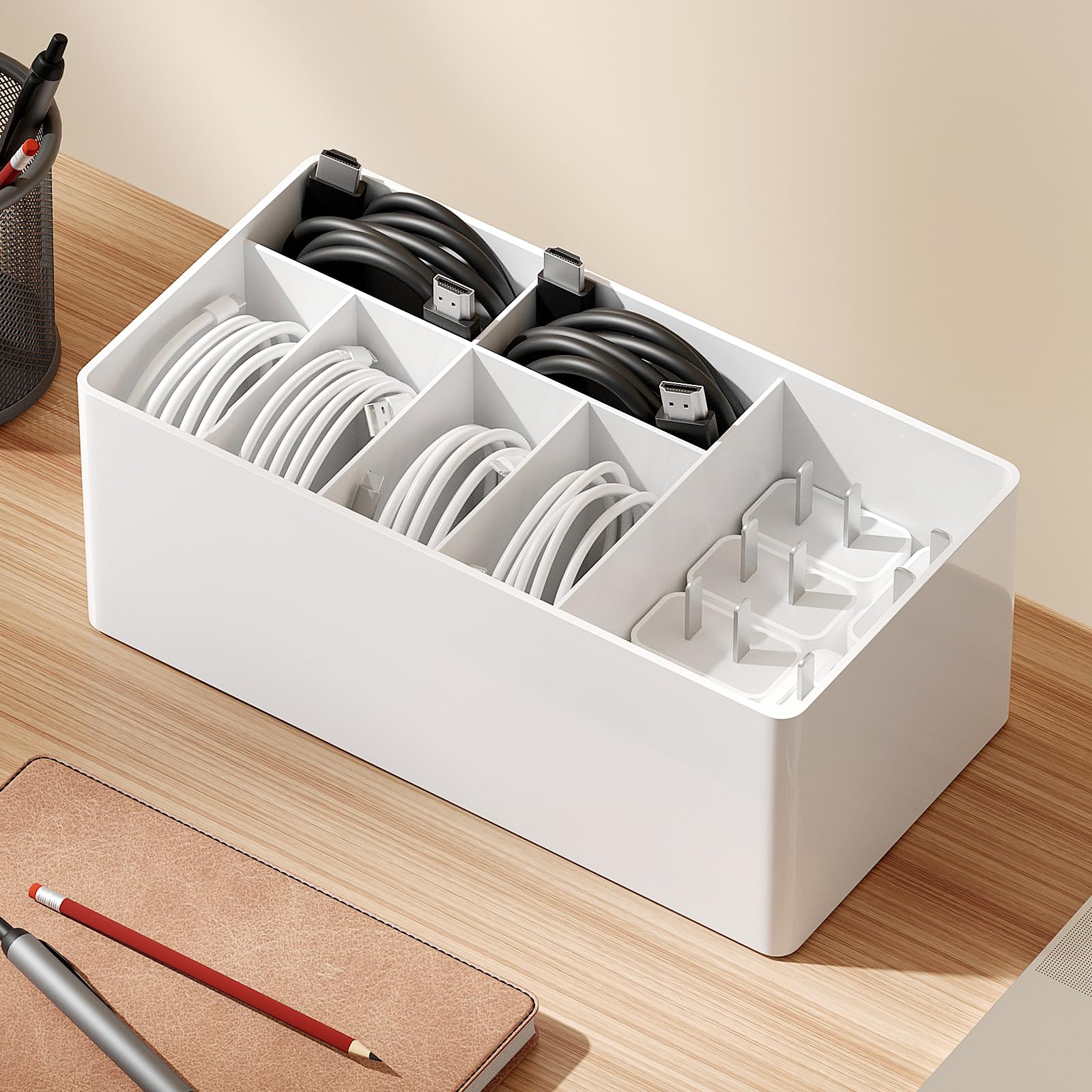 Premium Cable Organizer Box - Neat Charger & Cord Storage Solution (1 Pack, White) | Perfect for Home, Office & Travel Accessories Organization