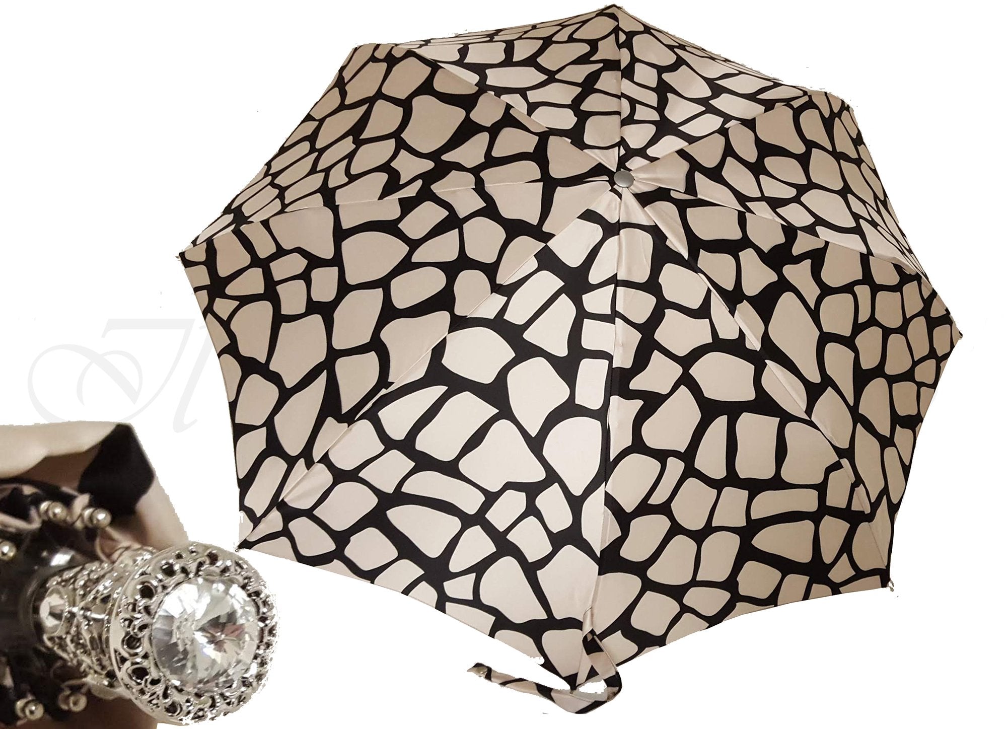 Lightweight Black & Cream Folding Umbrella - Compact Travel Umbrella for Rain & Sun Protection - Perfect for Commuting, Travel, and Outdoor Activities