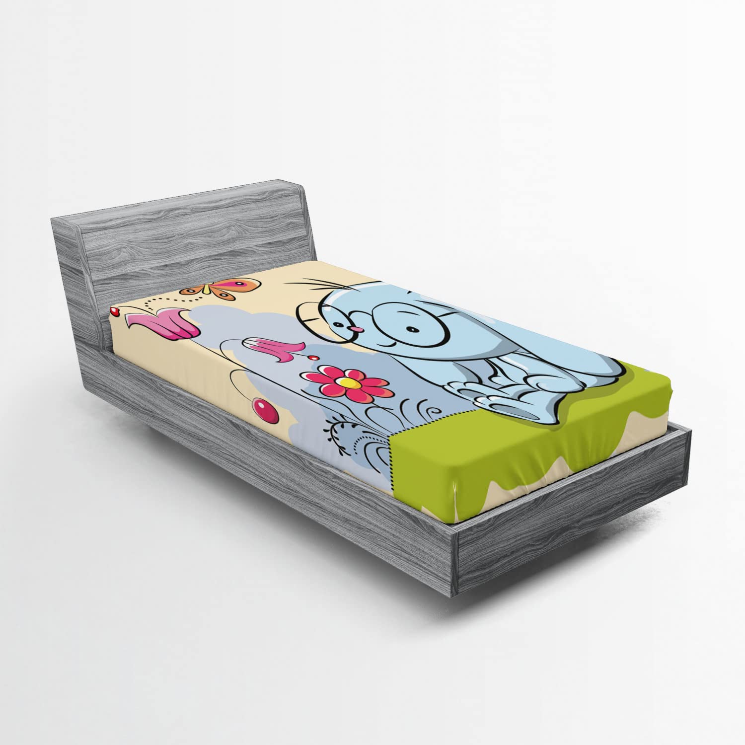 Ambesonne Butterfly Fitted Sheet - Nature Inspired Rabbit with Butterflies, Tulips & Daisies Art Print - Deep Pocket Elastic Twin Size Bed Cover - Multicolor - Perfect for Kids' Rooms, Guest Beds & Dorm Decor