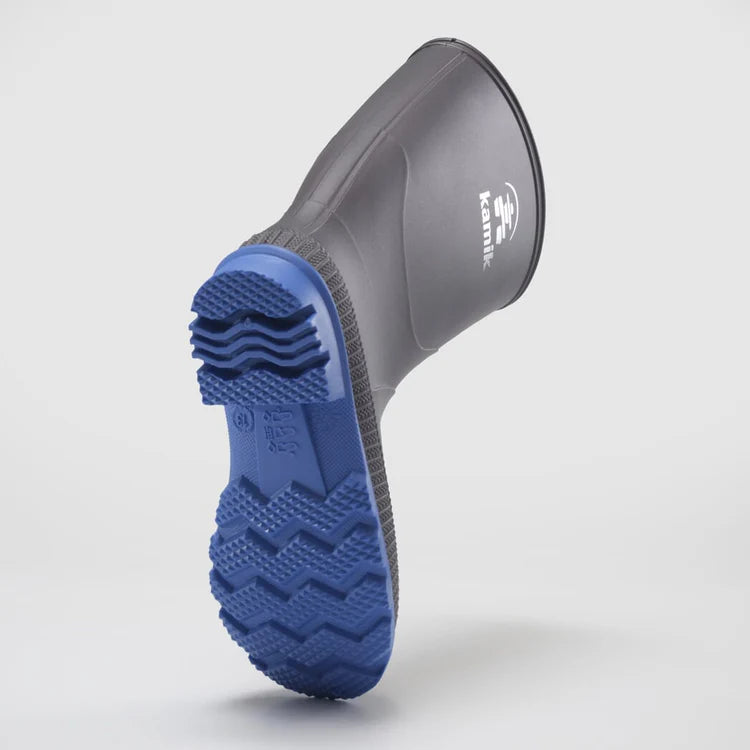 Kamik Charcoal/Blue Stomp Kids' Rain Boots - Waterproof & Durable for Outdoor Play, Puddle Jumping & Rainy Day Adventures