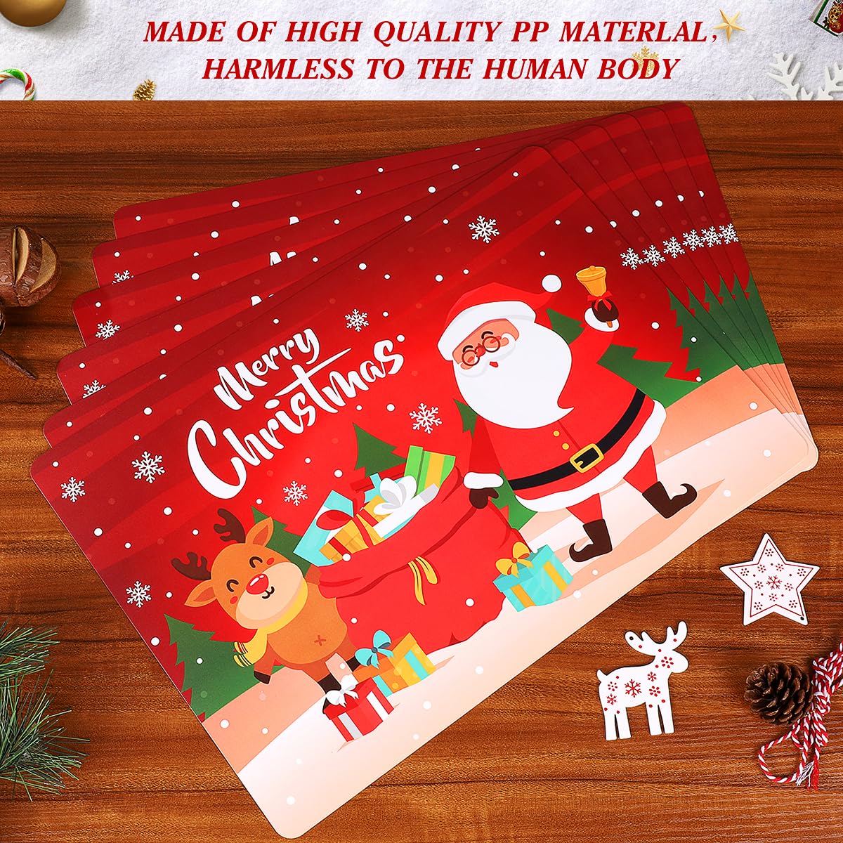 BESTonZON Christmas Placemats Set of 6 - 17x11 Inch Holiday Table Mats in Festive Red - Merry Xmas Dining Decor for Kitchen, Party & Holiday Gatherings