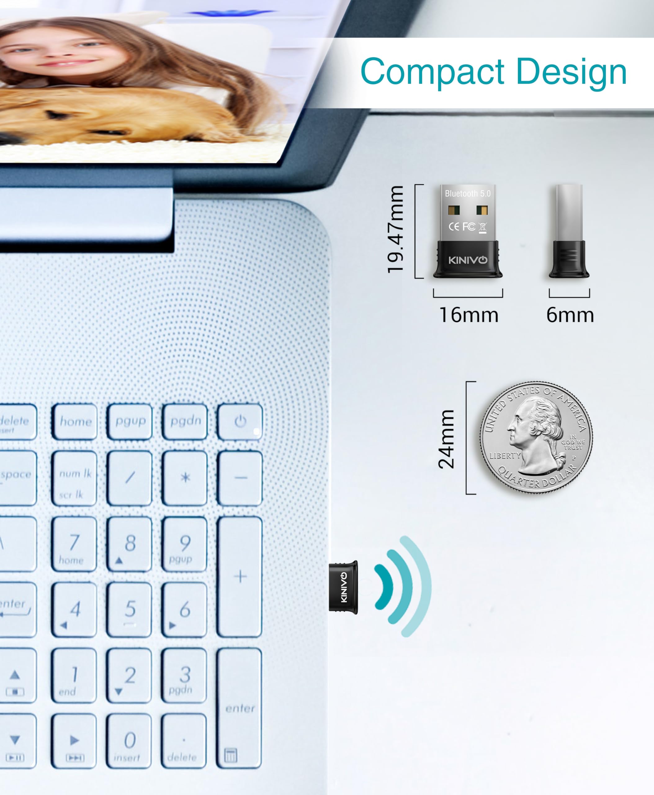 Kinivo BTD500 Bluetooth 5.0 USB Adapter for PC - Wireless Dongle Receiver Compatible with Windows 11/10/8.1/8, Laptops, Headsets, Speakers, Mouse, Keyboard & Printers | Plug & Play for Wireless Audio, Gaming & Office Setup