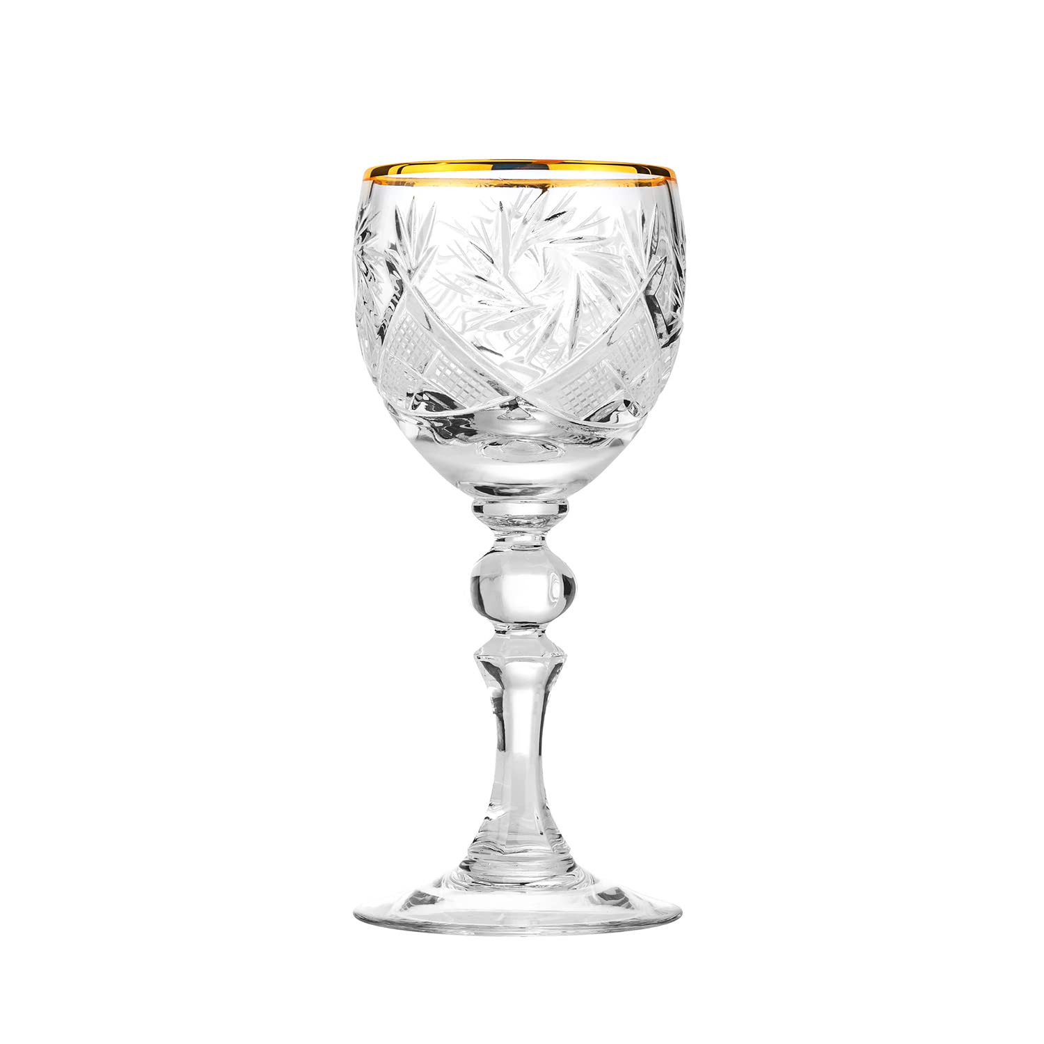Premium Russian Cut Crystal Glasses Set - Elegant 2.25oz (65ml) Sherry Gold Rimmed Drinking Glasses, Set of 6 for Wine Tasting, Cocktail Parties & Special Events - Perfect for Weddings, Anniversaries & Upscale Entertaining
