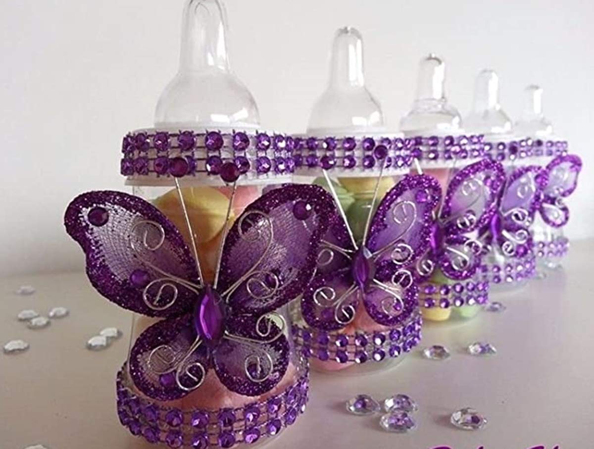 12 Pack Fillable Purple Butterfly Bottles for Baby Shower Favors, Party Decorations & Prizes - Perfect for Girls' Birthday Celebrations, Bridal Showers, and Gender Reveal Parties