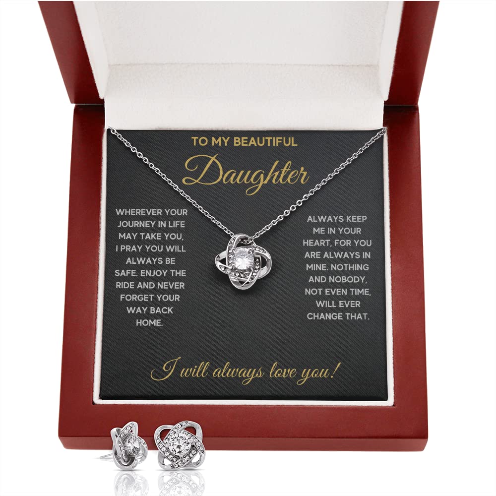 Mother Daughter Necklace Gift Set - Sterling Silver Pendant with Inspirational Message Card & Elegant Gift Box | Thoughtful Present from Mom & Dad | Perfect for Birthdays, Anniversaries & Special Occasions | Includes LED Jewelry Box & CZ Cross Earrings