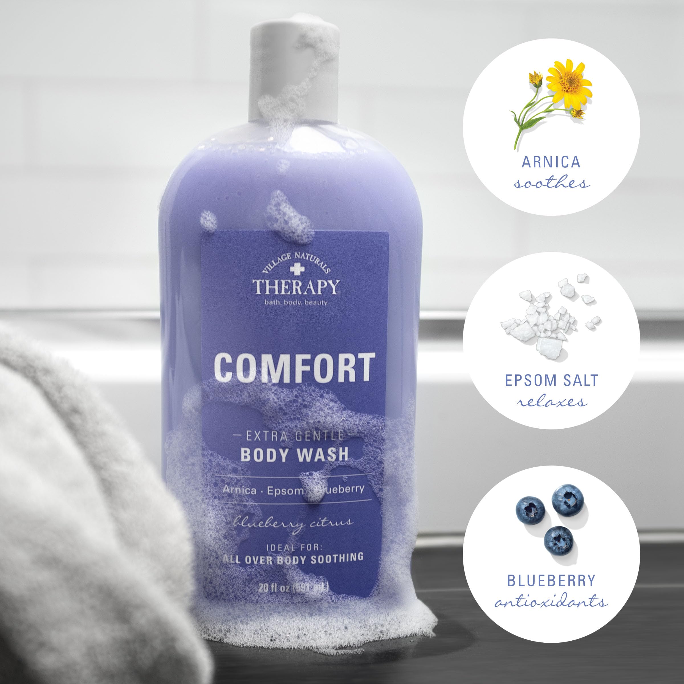 Village Naturals Therapy Comfort Body Wash - 20 oz (Pack of 4) | Moisturizing & Relaxing Shower Gel for Dry Skin | Perfect for Stress Relief & Daily Self-Care Routine