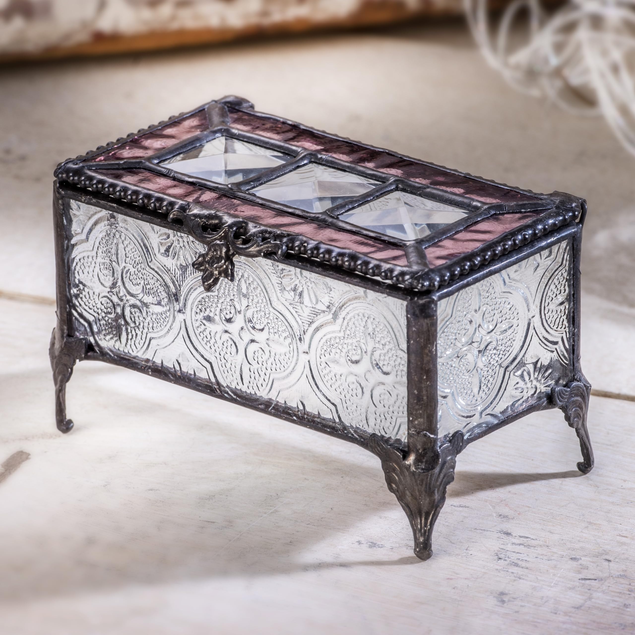 Vintage Stained Glass Jewelry Box - Handcrafted Trinket Keepsake Display Case with Floral Design - Perfect for Gift, Home Decor & Jewelry Storage (Pink)