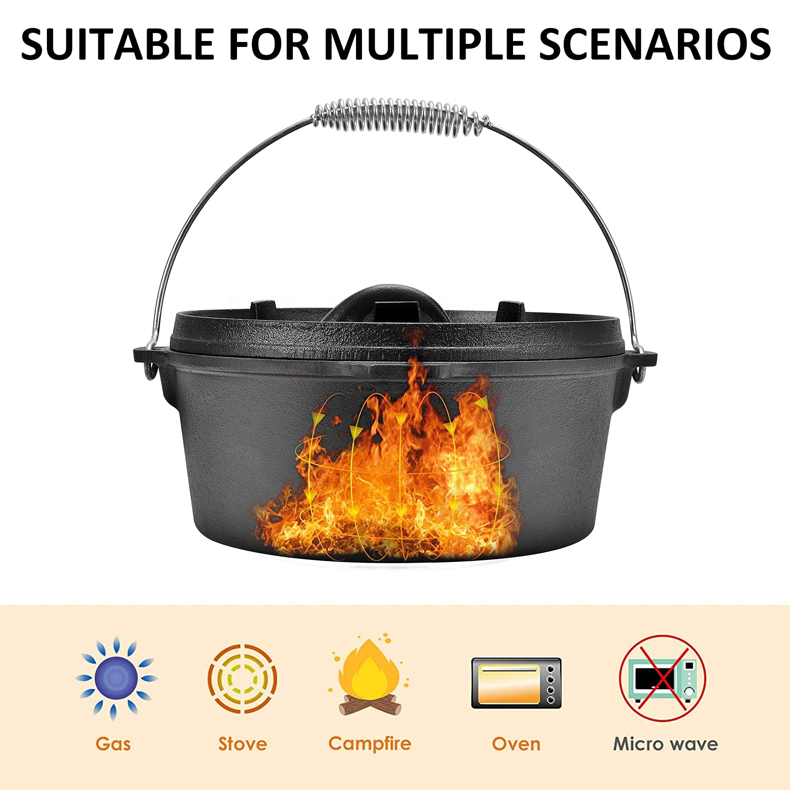10 Quart Pre-Seasoned Cast Iron Dutch Oven with Lid Lifter Handle - Heavy Duty Casserole Pot for Camping, BBQ, Baking & Outdoor Cooking - Perfect for Stews, Soups and Bread Making