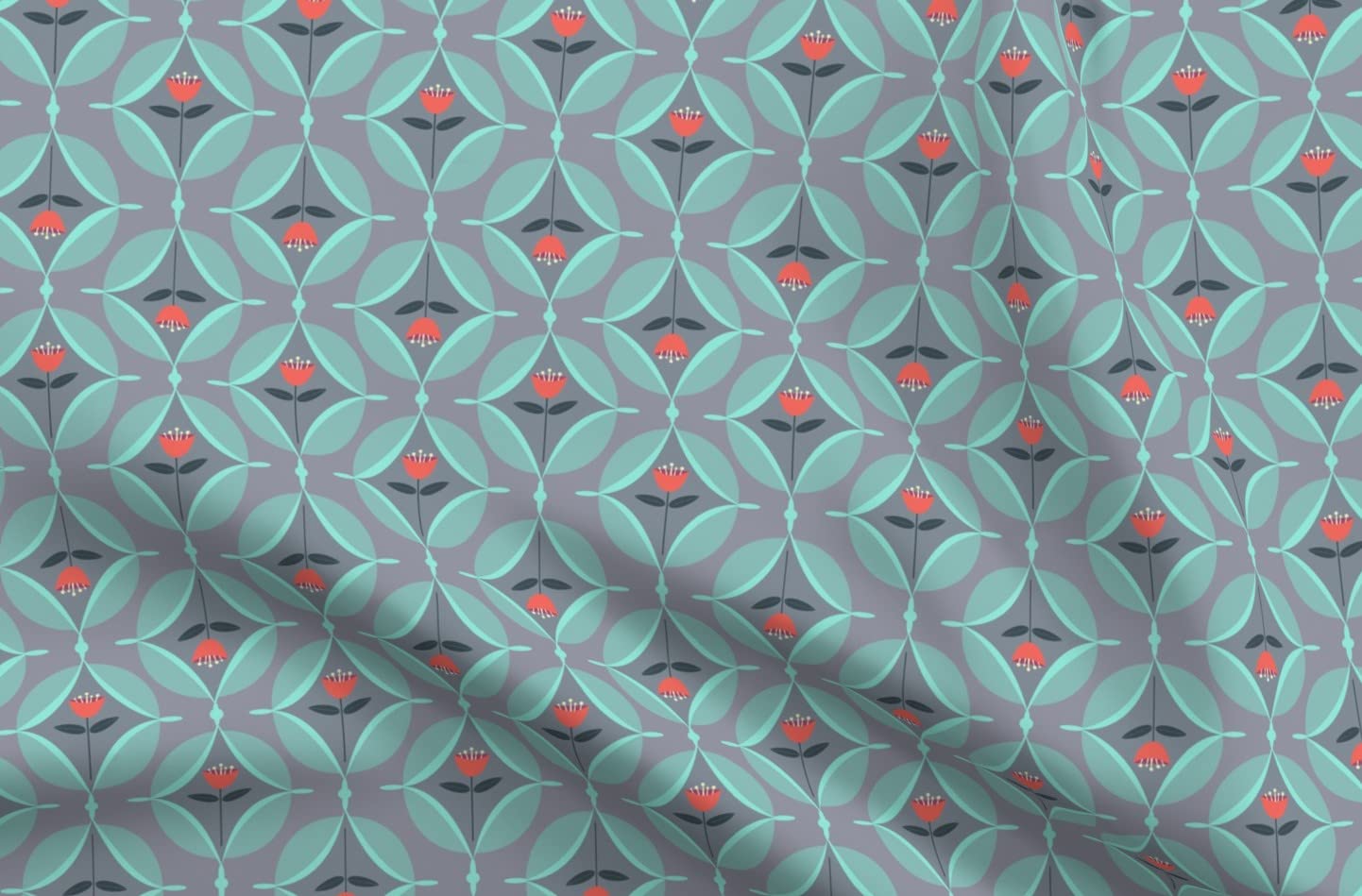 Mod Gray Red Spring Floral Coral Flowers Aqua Blue Tulips Retro Print Upholstery Velvet Fabric by The Yard - Home Decor, Furniture, Curtains & Apparel Fabric | Perfect for DIY Projects, Sofa Covers, Dresses & Crafting