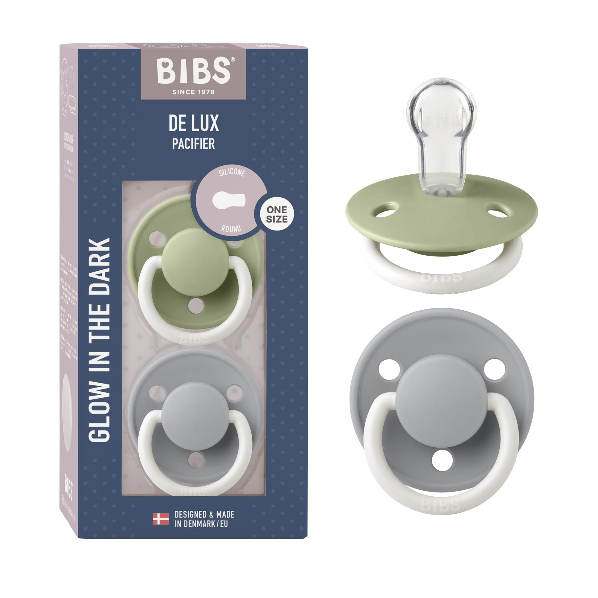 BIBS De Lux Baby Pacifier 2-Pack - BPA Free Silicone Soother for Newborns & Toddlers (0-36 Months) | Round Nipple Design | Made in Denmark | Sage Glow & Cloud Glow Colors | Perfect for Daycare, Travel & Sleep Comfort