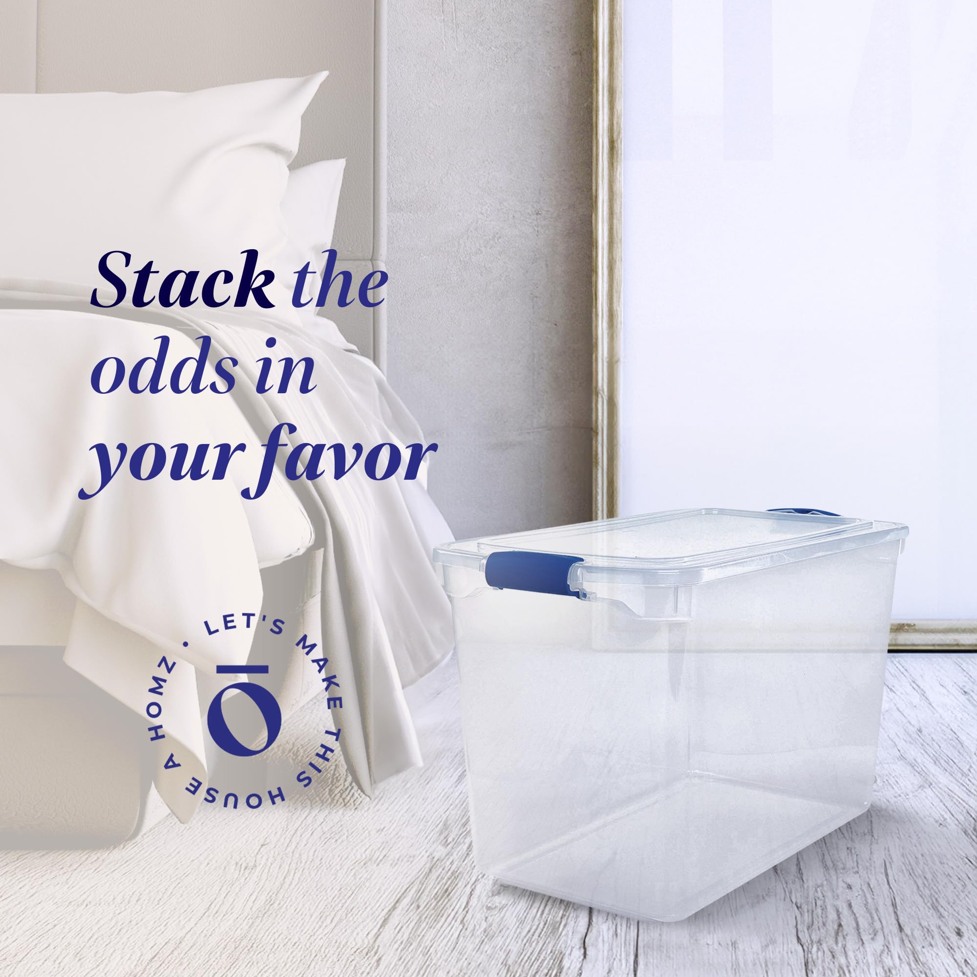 HOMZ 4-Pack 112 Quart Clear Plastic Storage Bins with Secure Blue Latches - Stackable Organizer Containers for Home, Office, Closet & Garage Organization