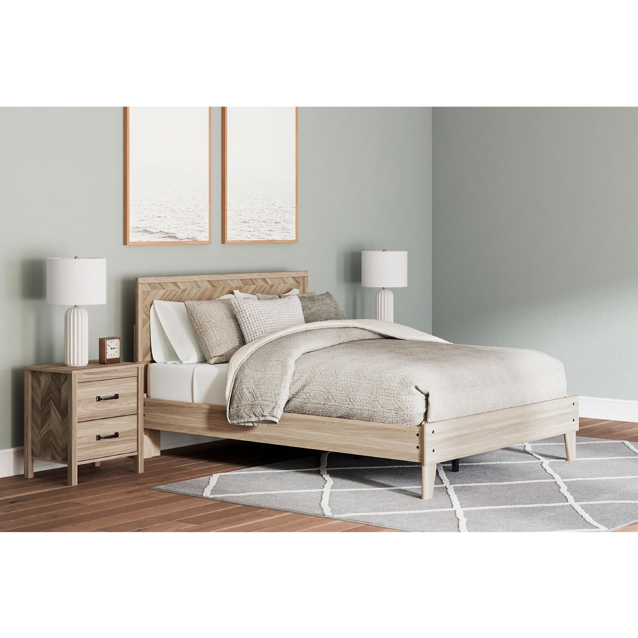 Battelle Full Platform Bed Frame in Tan - Modern Minimalist Wooden Bed with Sturdy Support for Bedroom, Guest Room, or Dorm