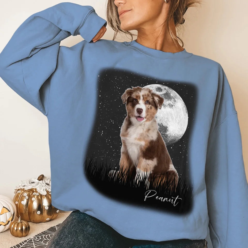 Custom Vintage Full Moon Pet Photo Sweatshirt - Personalized Dog Cat Lover Gift - Cozy Pullover for Family Matching Outfits, Couple Wear & Pet Memorial