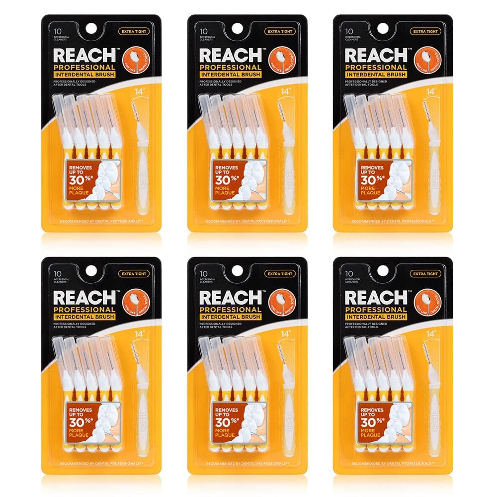 Reach Interdental Brush Cleaners - 0.7mm Extra Tight Bristles for Sensitive Gum Protection & Plaque Removal | Dental Toothbrushes for Braces & Oral Care | 6 Pack (10 Count) | Perfect for Travel, Home & Office Use