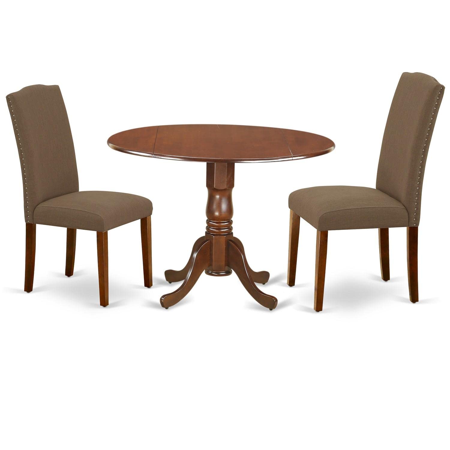 East West Furniture DLEN3-MAH-18 3-Piece Round Dining Table Set with Drop Leaf & 2 Dark Coffee Linen Parsons Chairs, 42x42 Inch, Mahogany - Perfect for Small Spaces, Breakfast Nooks & Cozy Apartments