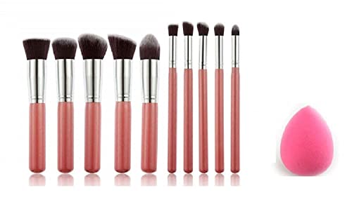 Zirak 10-Piece Pink Makeup Brush Set with Sponge Puff - Professional Cosmetic Brushes for Foundation, Blending, Contouring & Eyeshadow - Perfect Gift for Women & Teens (Home & Travel Use)