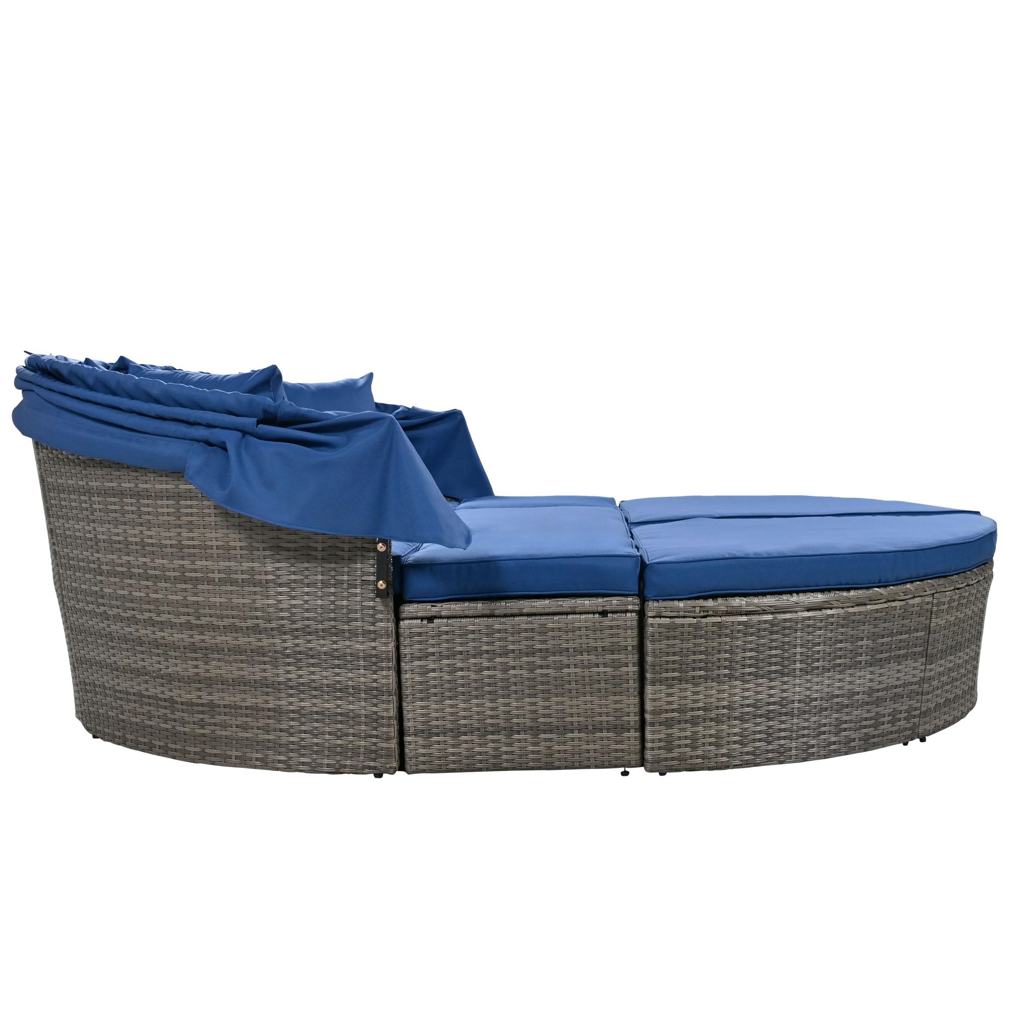6-Piece All-Weather PE Rattan Patio Furniture Set with Retractable Canopy - Outdoor Round Daybed Sectional Sofa Conversation Set in Blue | Perfect for Backyard, Poolside & Garden Relaxation