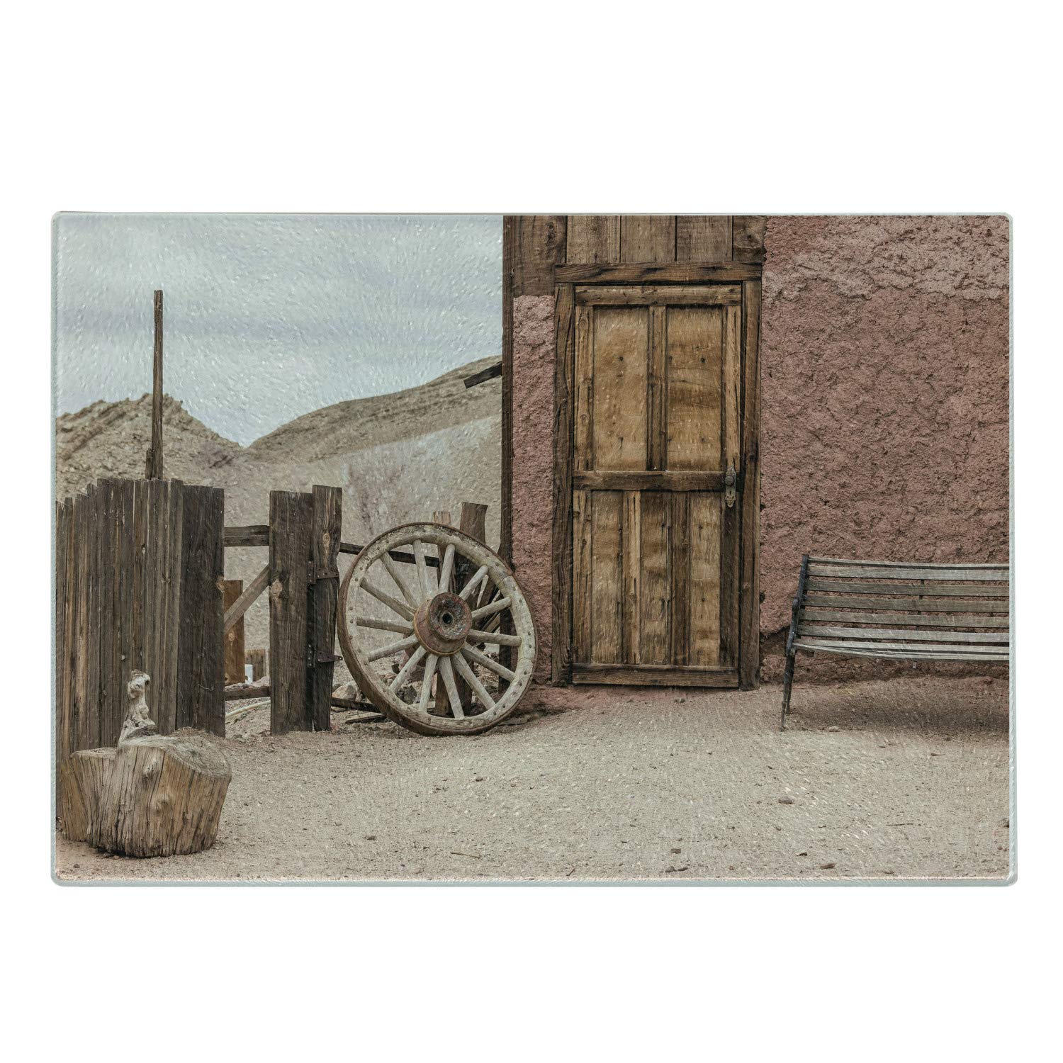 Ambesonne Rustic Barn Wood Wagon Wheel Cutting Board - Traditional Farmhouse Style Tempered Glass Serving Tray - Small Size Umber Pale Brown - Perfect for Cheese Platters, Charcuterie Boards & Kitchen Decor