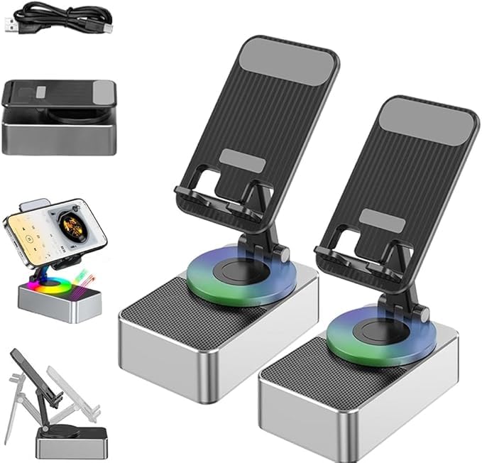 Bluetooth Audio Power Phone Holder - Foldable Cell Phone Stand with Wireless Speaker, 360° Rotatable & Adjustable, Dual USB Charging Ports (2-Pack) - Perfect for Home Office, Car, Bedside & Video Calls
