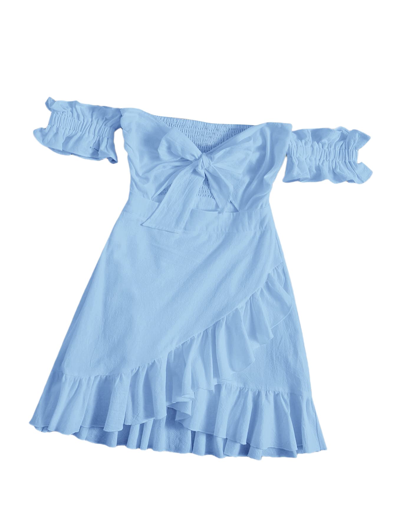 WDIRARA Women's Off Shoulder Tie Front Wrap Dress with Ruffle Hem & Short Sleeves - Perfect for Summer Beach, Vacation, and Casual Date Nights