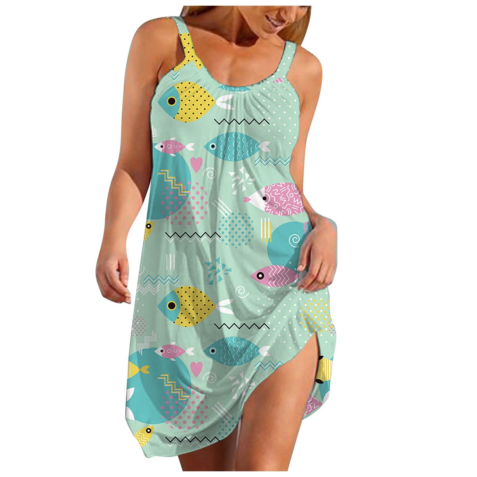 KUIOLYPOER Women's Summer Dresses - Sexy Sleeveless Sling Dress with Cute Print, Loose Boho Beach Dress, Elegant Sun Dress for Vacation, Pool Party & Date Night