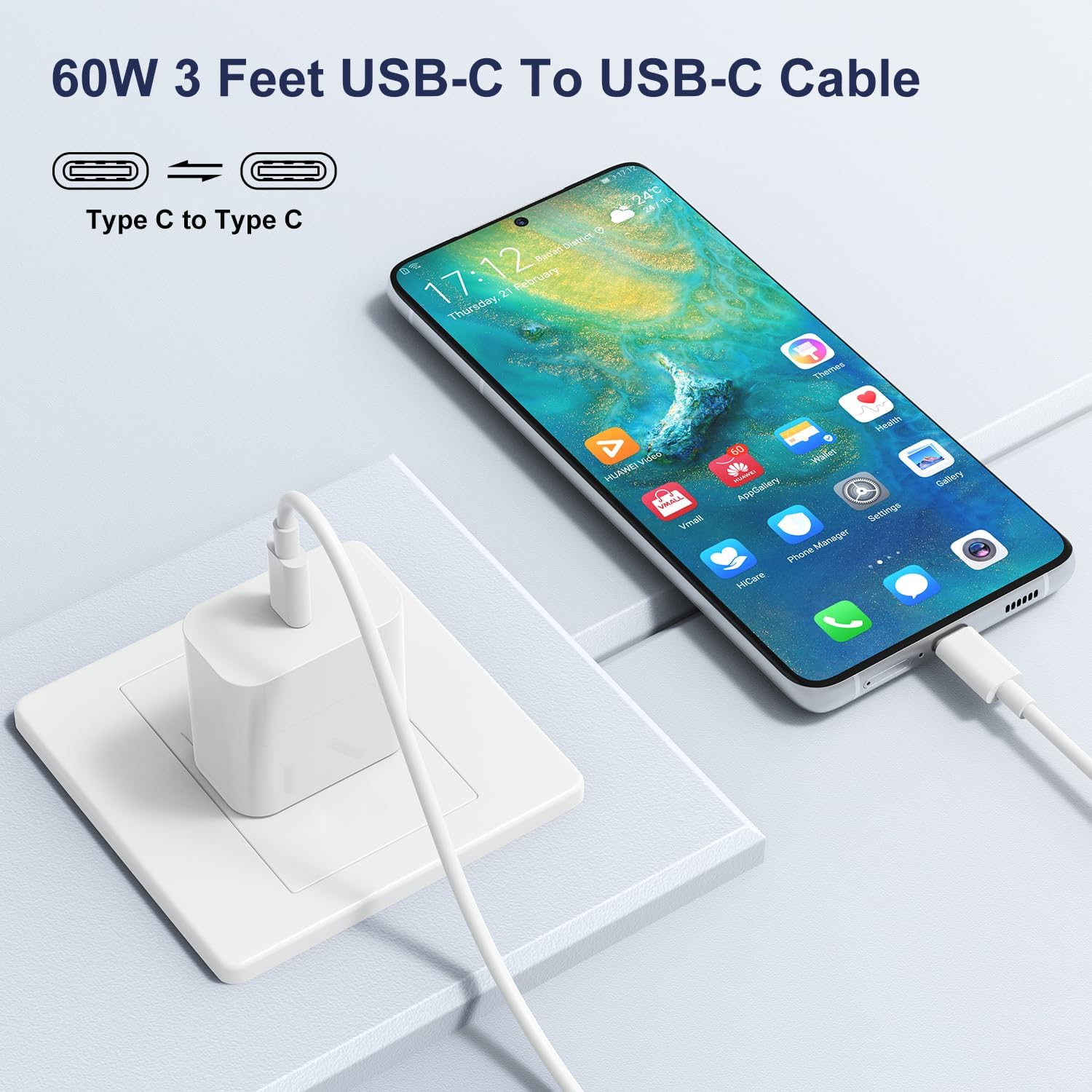 2 Pack 60W USB C to USB C Cable 1M Fast Charging Cord for iPhone 16/15/Pro/Max, MacBook, iPad Air/Mini/Pro, Samsung Galaxy 23/22 Series - Perfect for Home, Office & Travel Charging