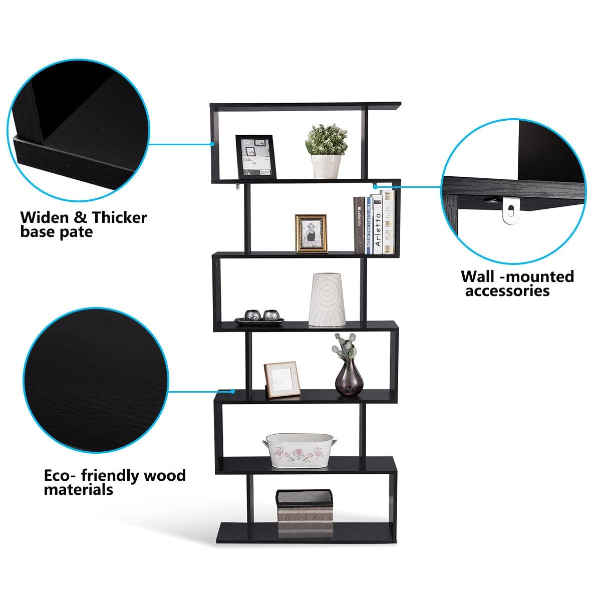 6-Tier S-Shaped Wooden Bookshelf - Freestanding Decorative Storage Shelf & Room Divider for Living Room, Home Office | Z-Shelf Style Bookcase for Display & Organization