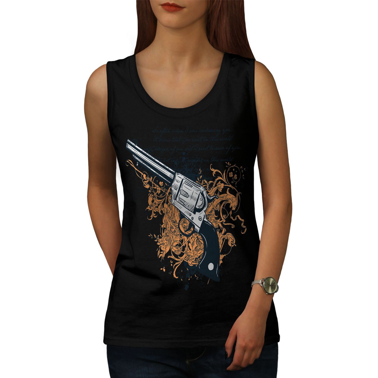 Wellcoda Women's Gun Print Tank Top - Breathable Active Sports Shirt for Gym, Running & Streetwear Fashion