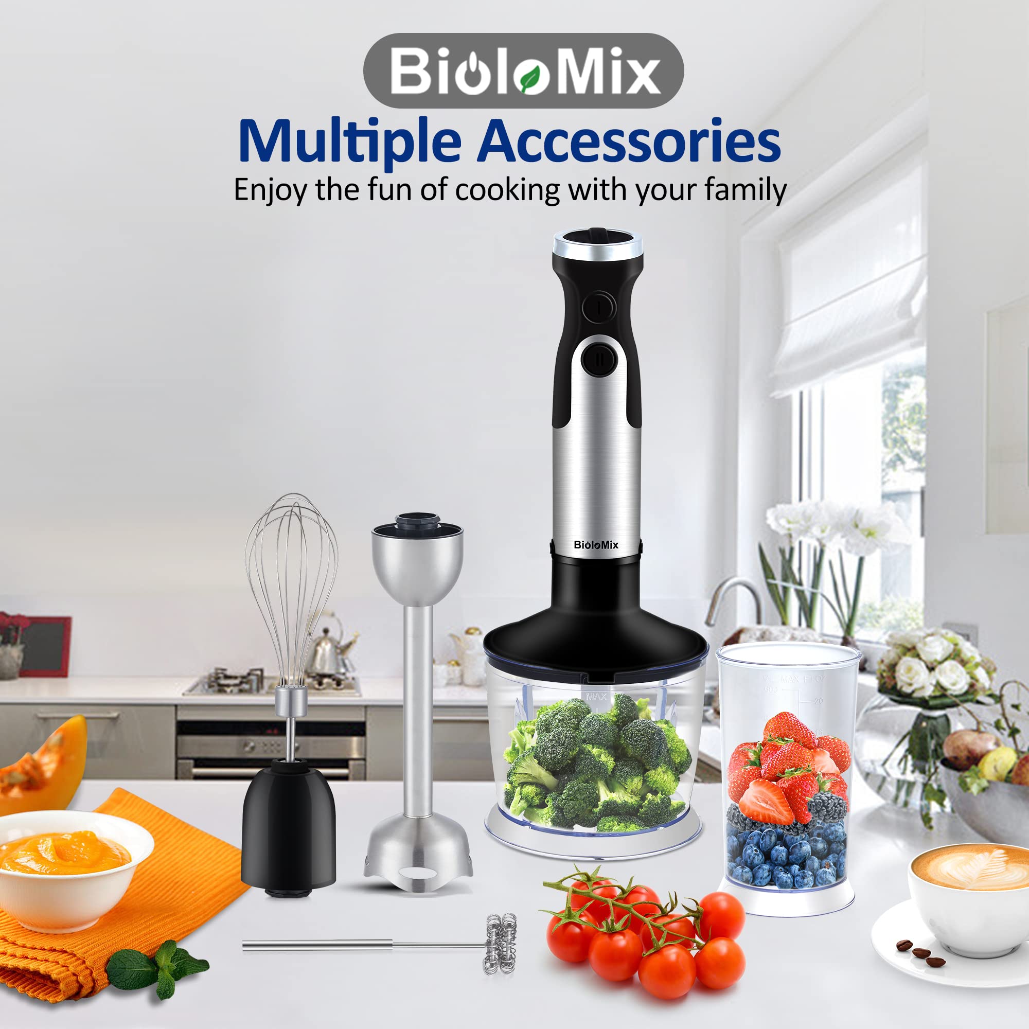 BioloMix 5-in-1 Immersion Hand Blender 1000W Powerful Stick Blender with 6 Speed & Turbo Mode, Stainless Steel Blade, 800ml Food Chopper, 600ml Mixing Beaker, Whisk & Milk Frother - Perfect for Smoothies, Soups, Baby Food & Kitchen Blending