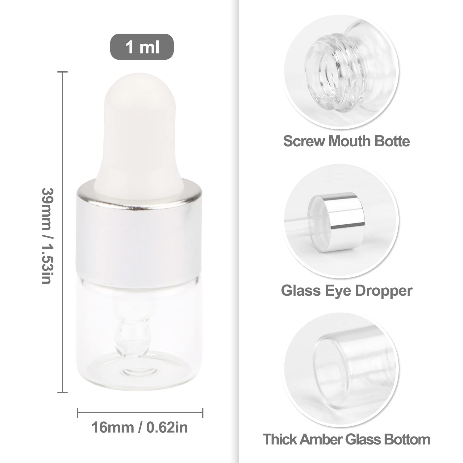 15 Pcs 1ml Clear Glass Dropper Bottles with Silver Lids - Essential Oil Bottles, Aromatherapy Perfume Vials, Refillable Sample Containers for DIY, Travel & Home Use