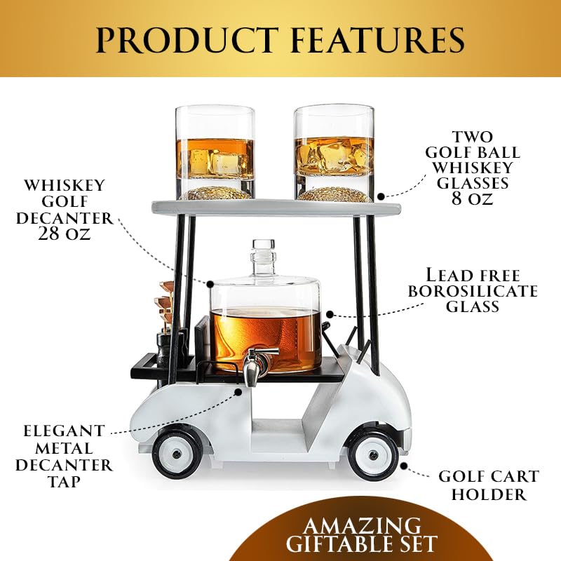 Golf Cart Whiskey Decanter Set with 2 Glasses - 850ml Replica Decanter & 8oz Glasses - Unique Golf Gifts for Men & Women - Perfect for Golf Enthusiasts, Home Bars & Special Occasions