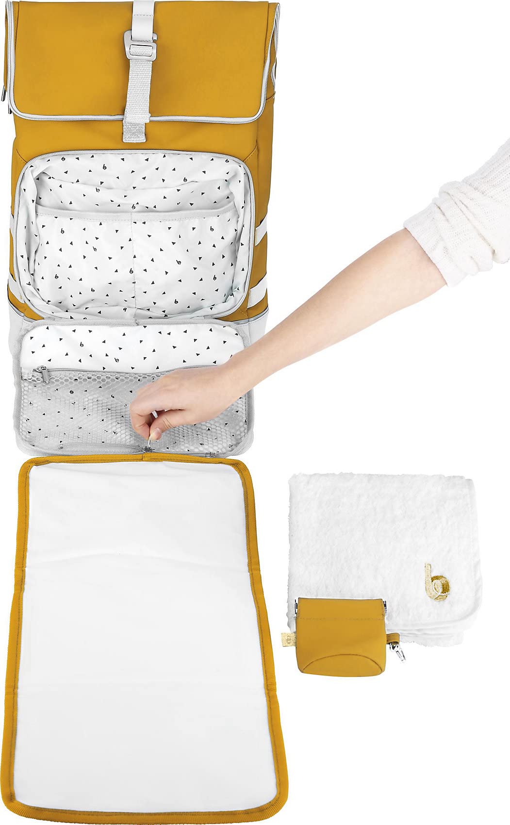 Babymoov Sancy Unisex Diaper Backpack - Waterproof Roll-Top Closure, Large Insulated Pocket, Changing Pad & Organizer (Saffron Yellow) | Perfect for Baby Essentials, Travel, Daycare & On-The-Go Parents