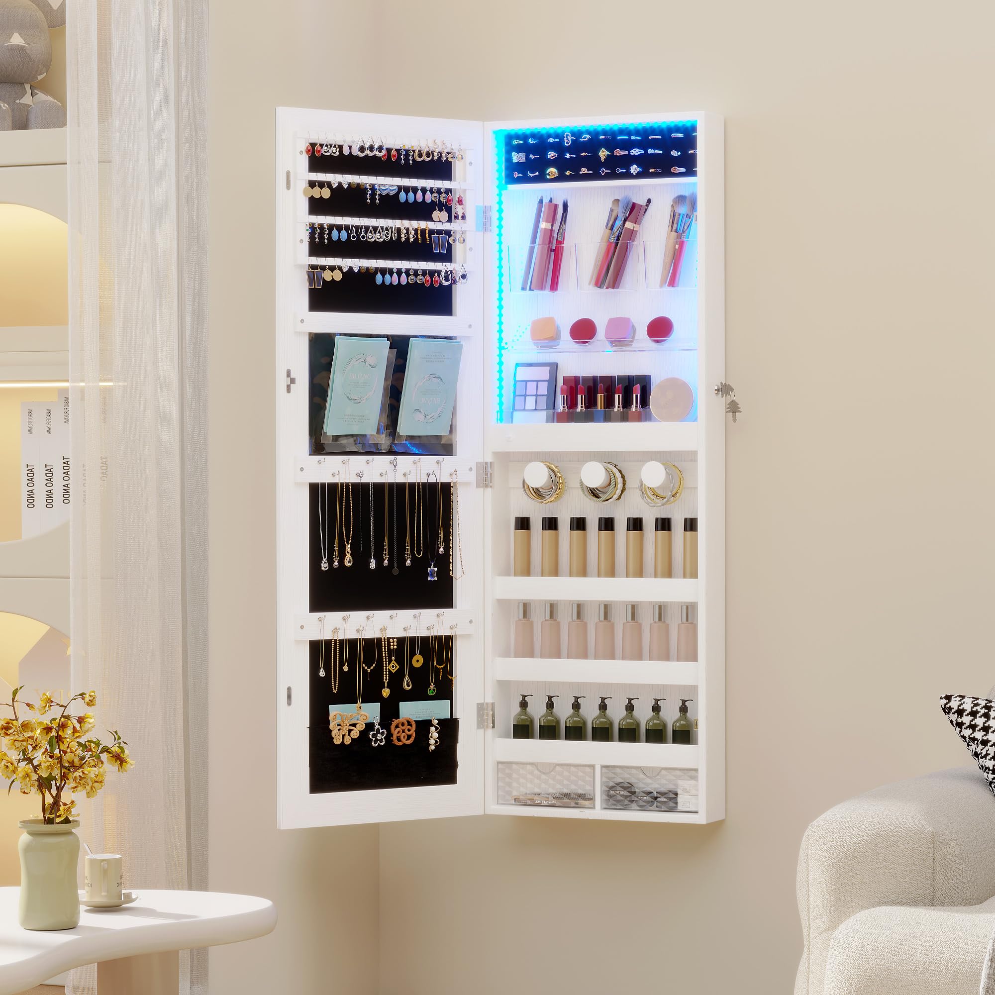LVSOMT White Lockable Jewelry Armoire Organizer with LED Lights - Wall/Door Mounted Mirror Jewelry Cabinet with Storage | Perfect for Bedroom, Closet & Dressing Room Organization