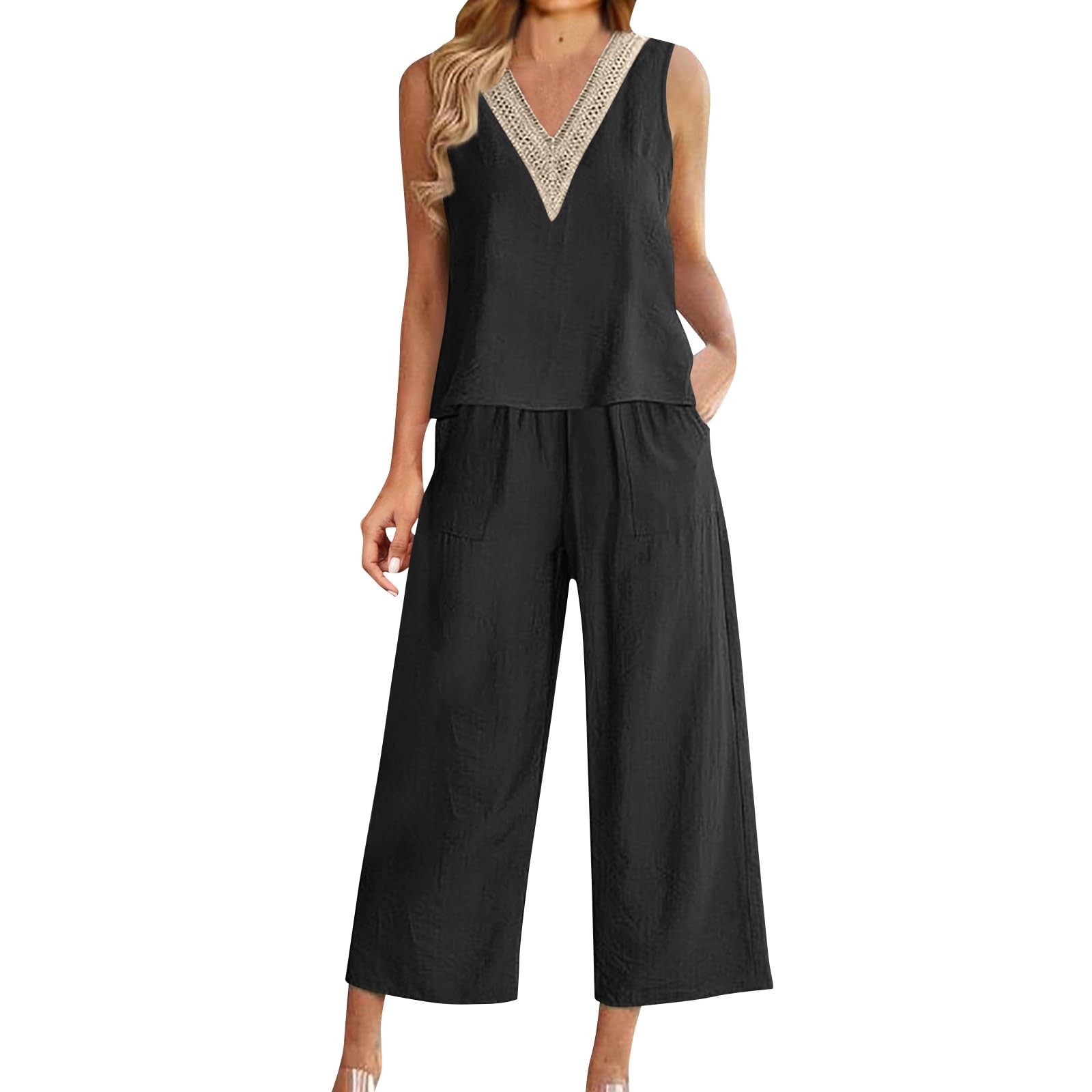 Women's Summer Linen Two Piece Set - Casual Lace V-Neck Short Sleeve Top & Long Pants Lounge Outfit | Perfect for Beach Vacations, Weekend Brunch & Relaxing at Home