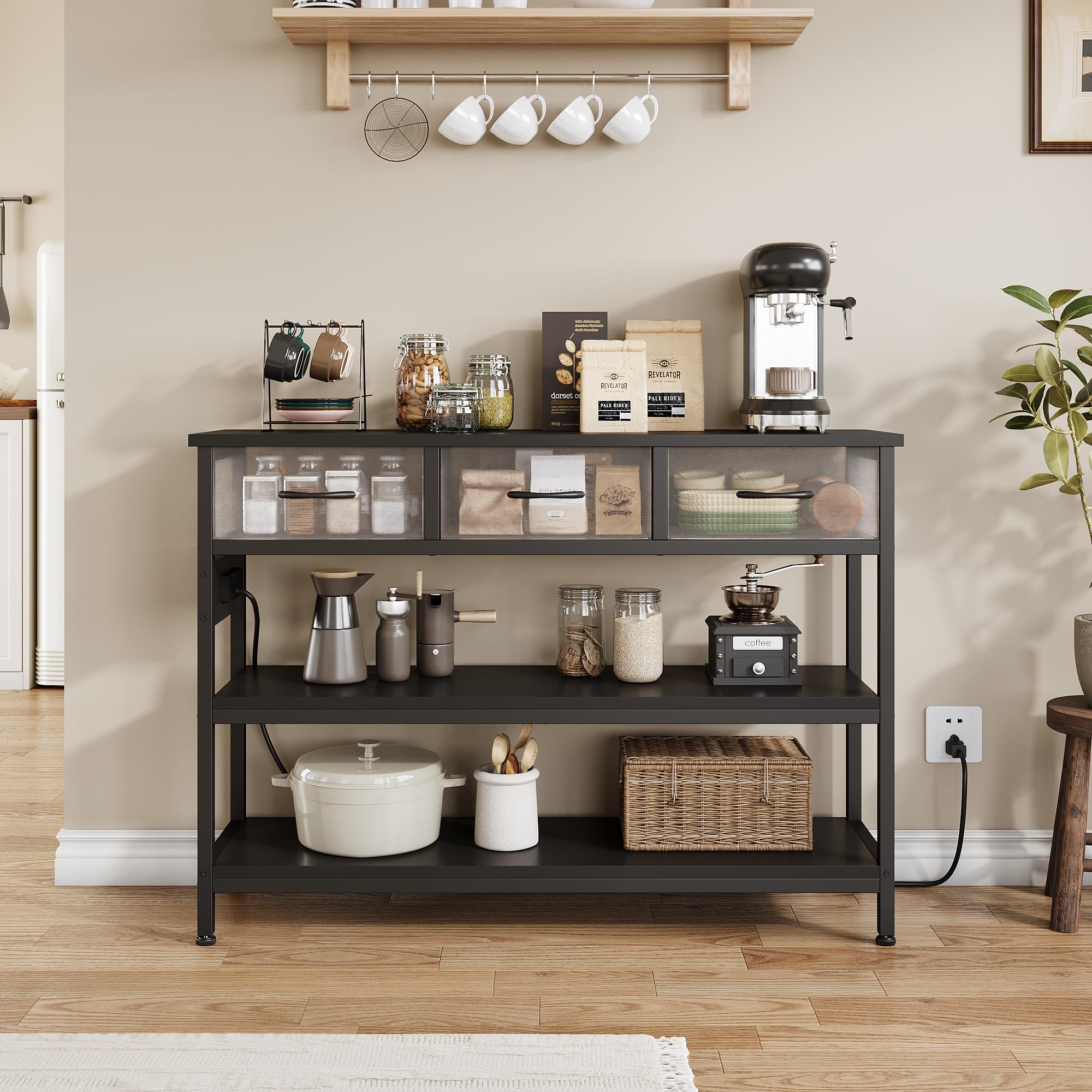Lulive Modern Entryway Console Table with 3 Fabric Drawers & Built-in Power Outlets - Adjustable Height Sofa Table (43