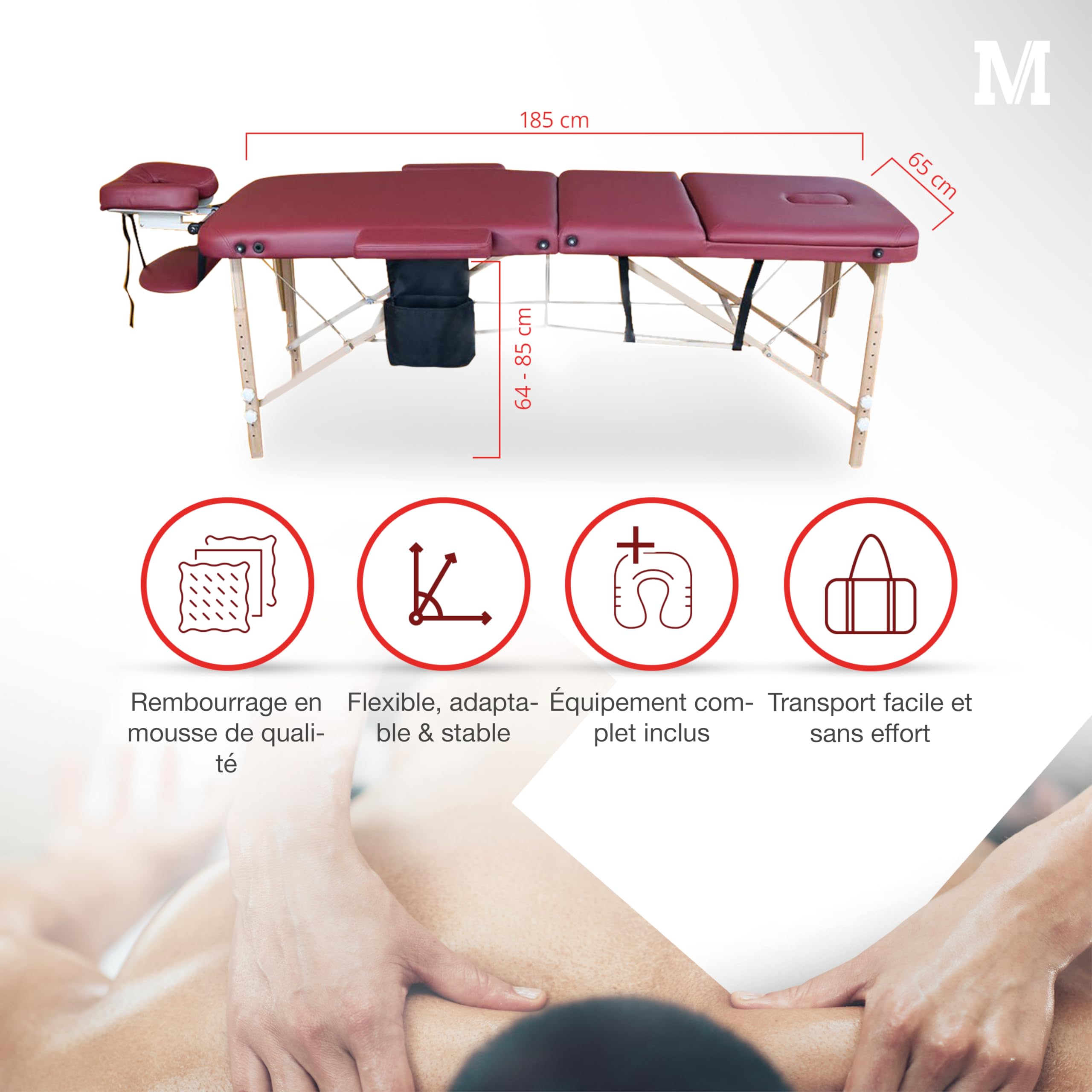 MASSUNDA All INKL Adjustable Height Folding Massage Chaise – Solid Wood Mobile Massage Table with Sponge Cover, Armrests, Backrest & Ergonomic Headrest (Black) – Perfect for Home, Spa & Professional Massage Therapy