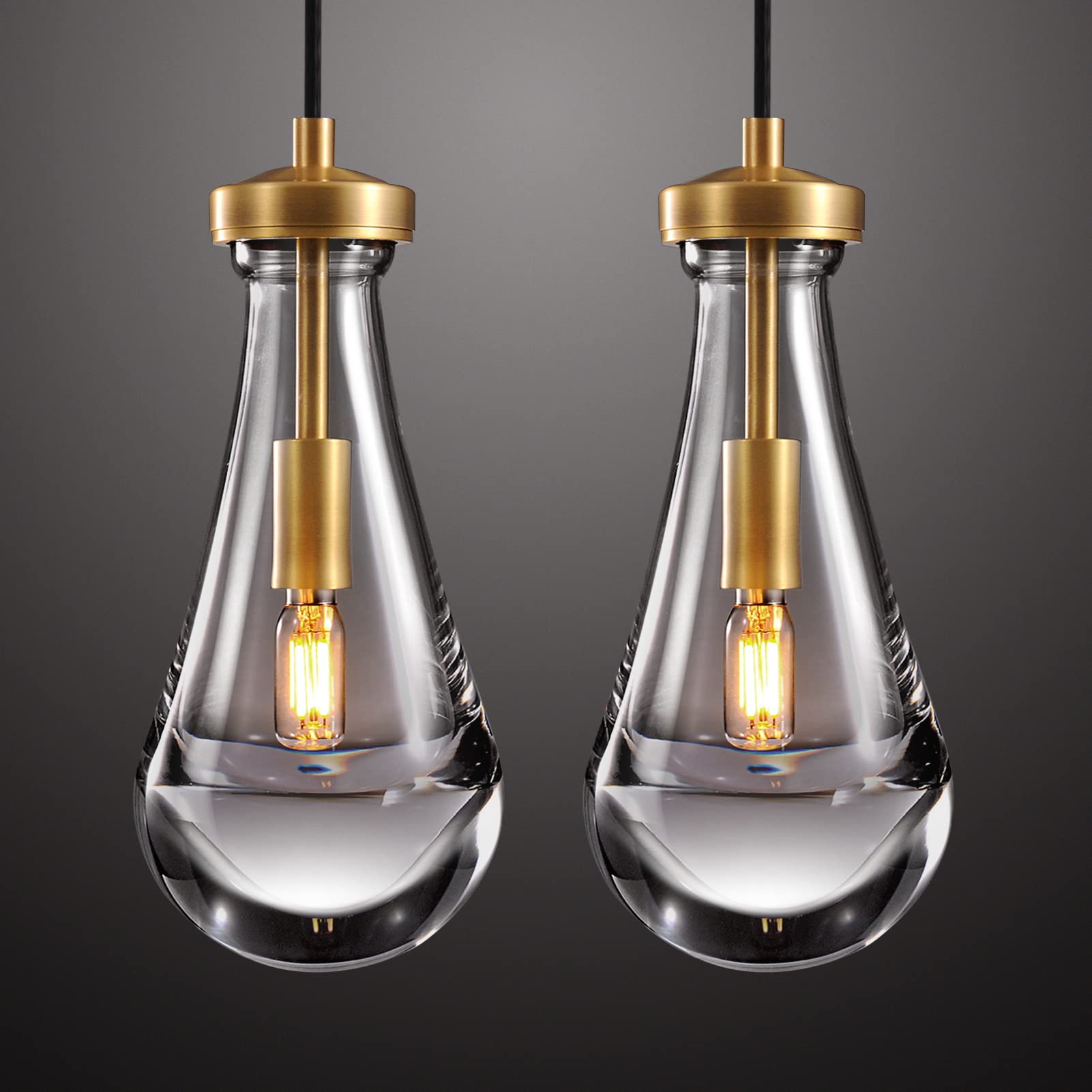 Modern Brass Pendant Light Fixtures Set of 2 with Raindrop Glass, Kitchen Island Lighting, Dining Room Chandelier for Porch, Living Room, Dining Table, E12 LED Bulb, Perfect for Farmhouse, Cafe, and Bedroom Decor