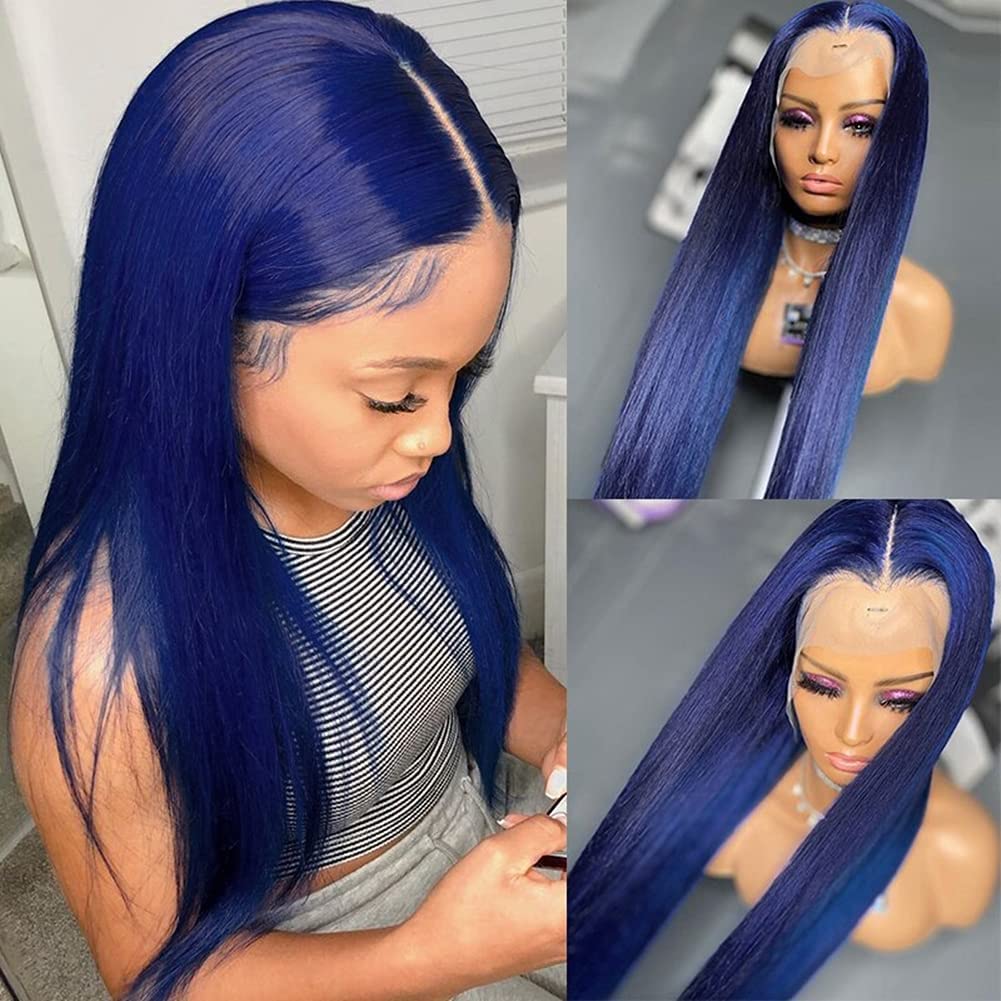 13x4 Lace Front Wig Brazilian Remy Human Hair - Blue Silky Straight 150% Density Pre Plucked Glueless Wig with Natural Hairline for Women (20 Inch) | Perfect for Cosplay, Daily Wear & Special Occasions