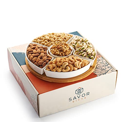Premium Nut Gift Basket with Ceramic Sectional Dish - 2 in 1 Gourmet Nut Platter & Elegant Serving Tray | Healthy Snack Food Box for Holidays, Corporate Gifts, Housewarming & Party Entertaining | Almonds, Cashews, Pistachios & Mixed Nuts Beautifully Arranged