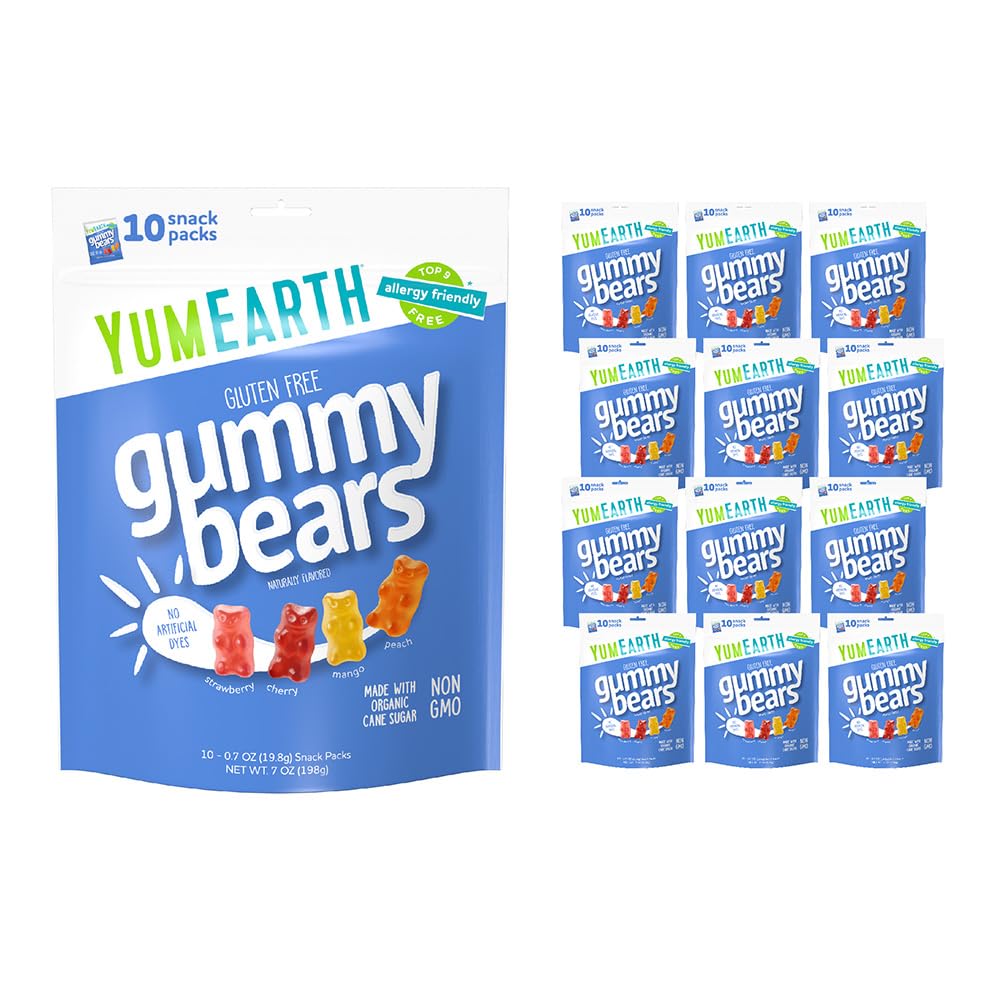 YumEarth Organic Gummy Bears - 10 Snack Packs (Pack of 12) | Assorted Natural Fruit Flavors | Gluten-Free, Vegan Candy for Kids Lunch Box, Birthday Parties & Healthy Snacks