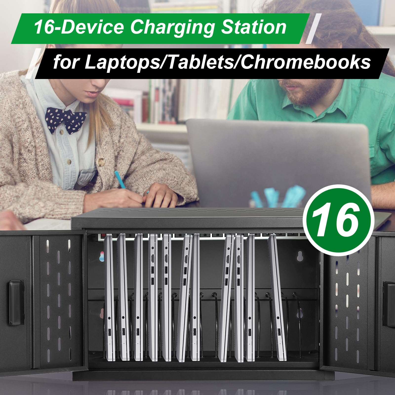 16-Device Wall-Mount Charging Station for Laptops & Tablets - Secure Storage Cabinet for Chromebooks, Laptops & Tablets - Ideal for Classrooms, Libraries, Offices & Conference Rooms - Lockable Black Charging Cart with Multi-Device Organization