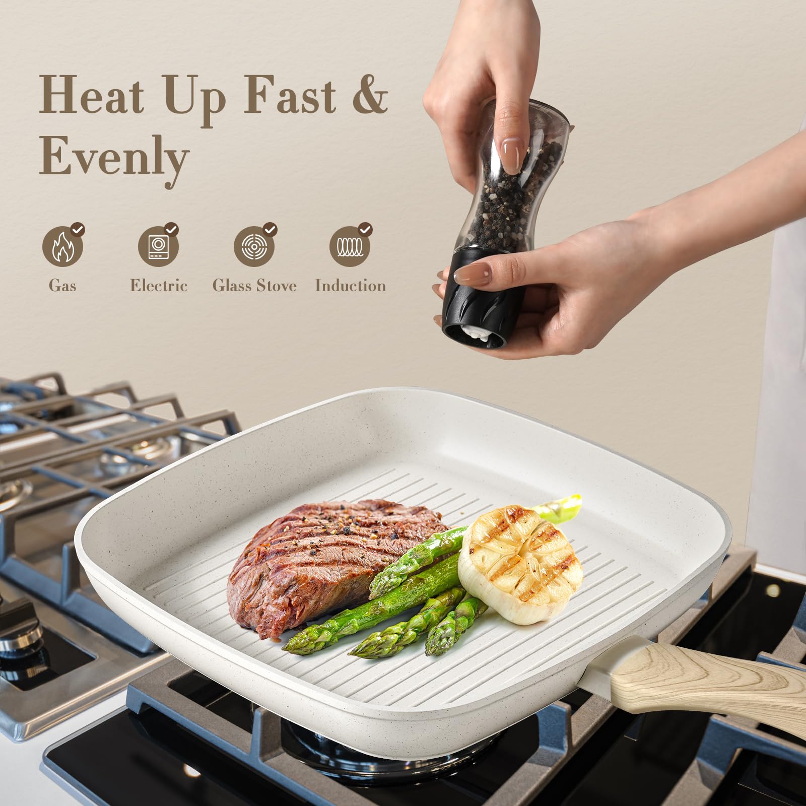 13-Piece Nonstick Cookware Set - White Granite Induction Pots and Pans Set with Frying Pans & Saucepans (PFOA & PFOS Free) - Perfect for Kitchen, Home Cooking & Daily Meal Preparation