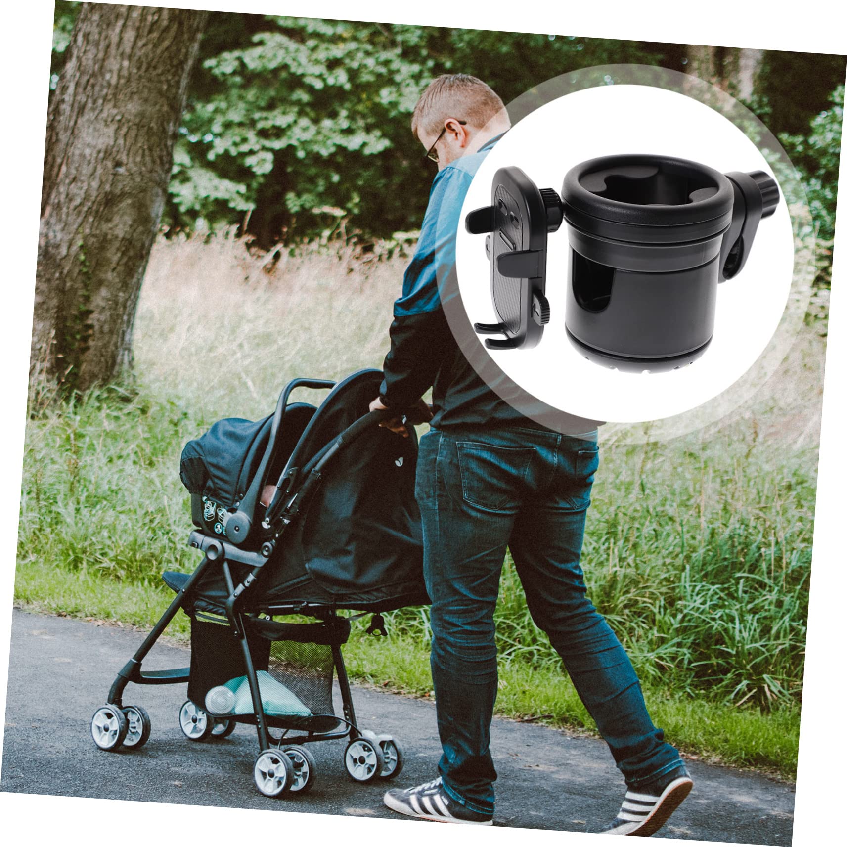 BIUDECO Universal Stroller Cup Holder with Phone Pocket - Black Pram Organizer for Baby Bottles, Drinks & Smartphones - Perfect for Walking, Jogging & Shopping with Your Stroller