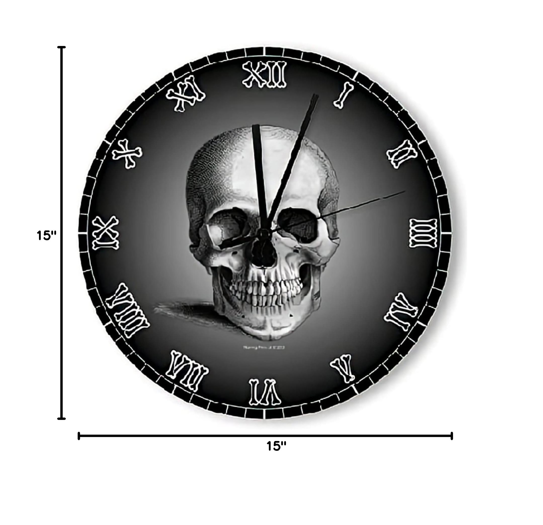 15 Inch Large Skeleton Wall Clock - Rustic Wood Silent Round Battery Operated Wall Decor for Living Room, Bedroom & Office | Unique Gothic Home Decor