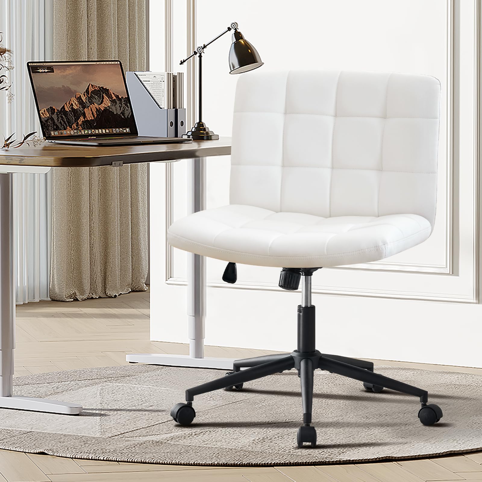 Furnimart Swivel Criss Cross Legs Office Chair with Wheels - Adjustable Height Armless Desk Chair, Comfortable PU Ivory White Seat for Home Office, Study, Vanity & Bedroom - Perfect for Work, Gaming & Relaxation