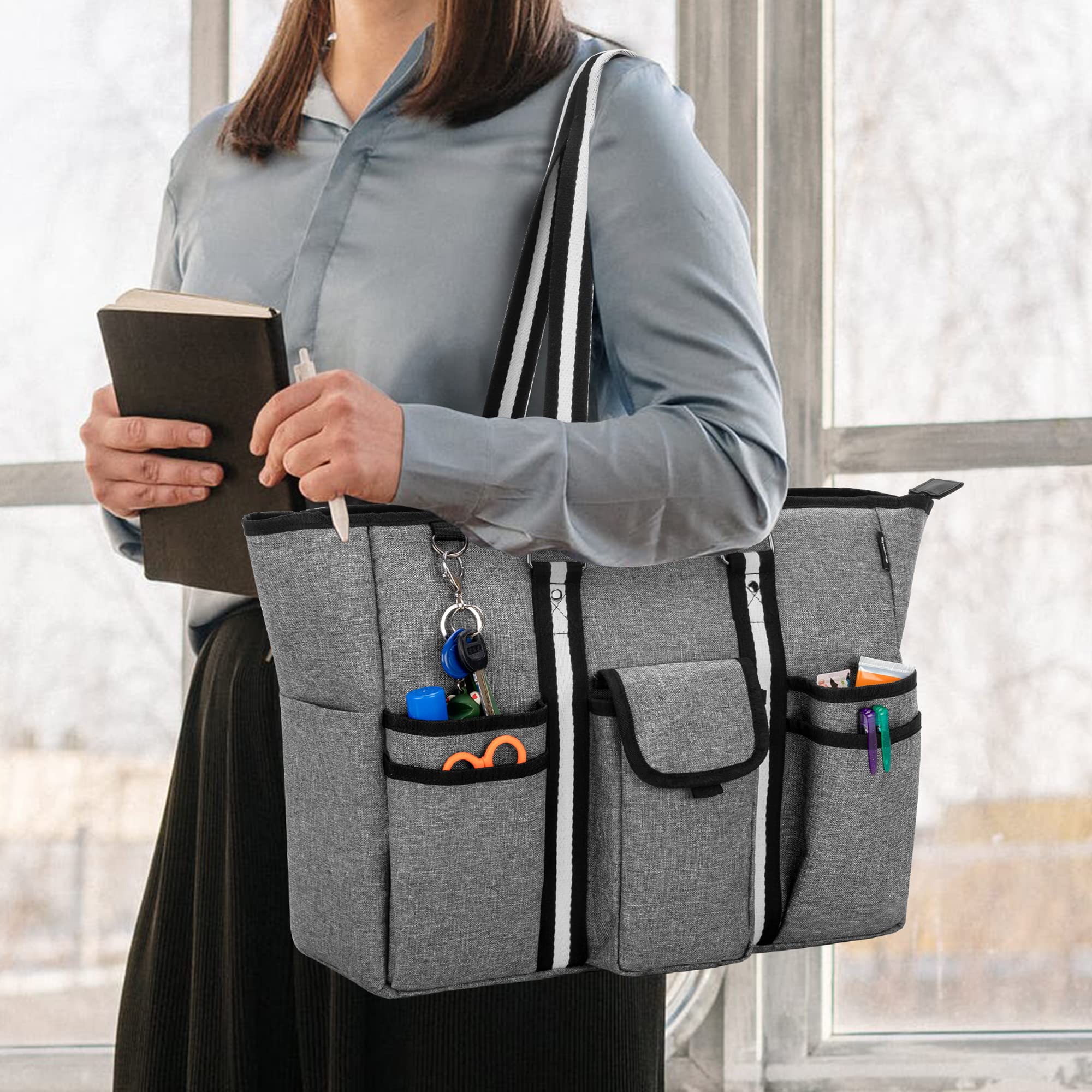 CURMIO Professional Teacher Tote Bag for Women - Large Work Utility Bag with Laptop Sleeve, Office Organizer, Gray (Patented Design) - Perfect for School, Work, Commuting & Travel