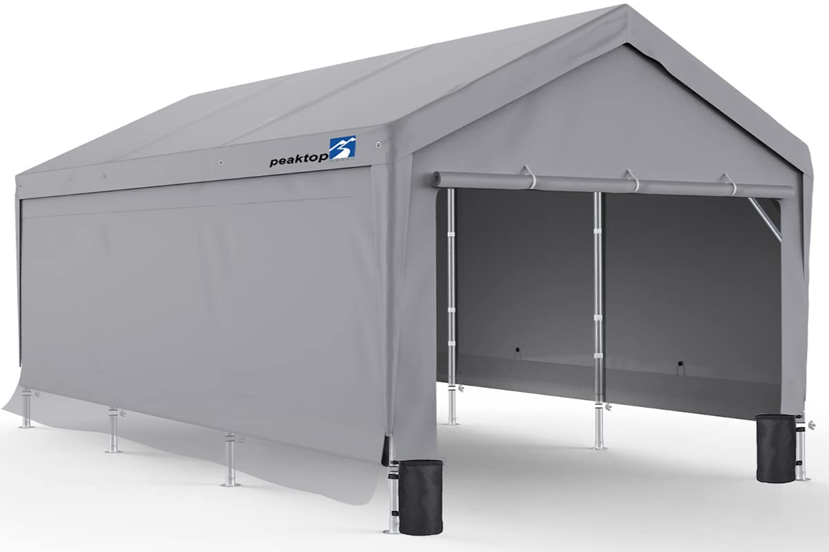 PEAKTOP OUTDOOR 10x20ft Heavy Duty Carport Canopy - Adjustable Height 9.5ft to 11ft, Portable Garage Tent with Removable Sidewalls & Reinforced Triangular Beams - Ideal for Car, Boat, and RV Shelter