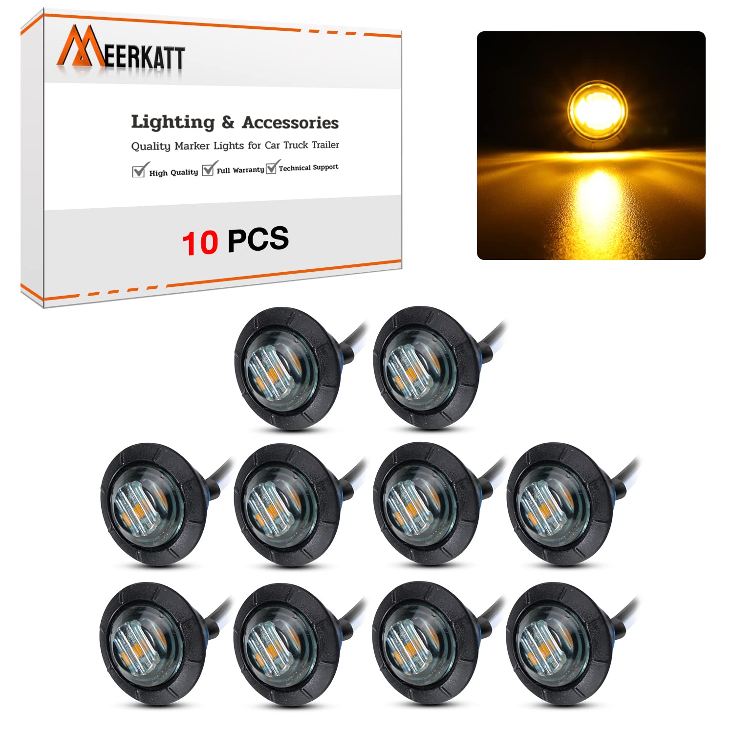 10-Pack MADCATZ Meerkatt 3/4 Inch Amber LED Side Marker Lights - Smoked Lens Mini Round Clearance Lights for Trucks, Trailers, Buses & Pickups (12V DC with Grommets) - Perfect for Night Driving Safety & Vehicle Visibility