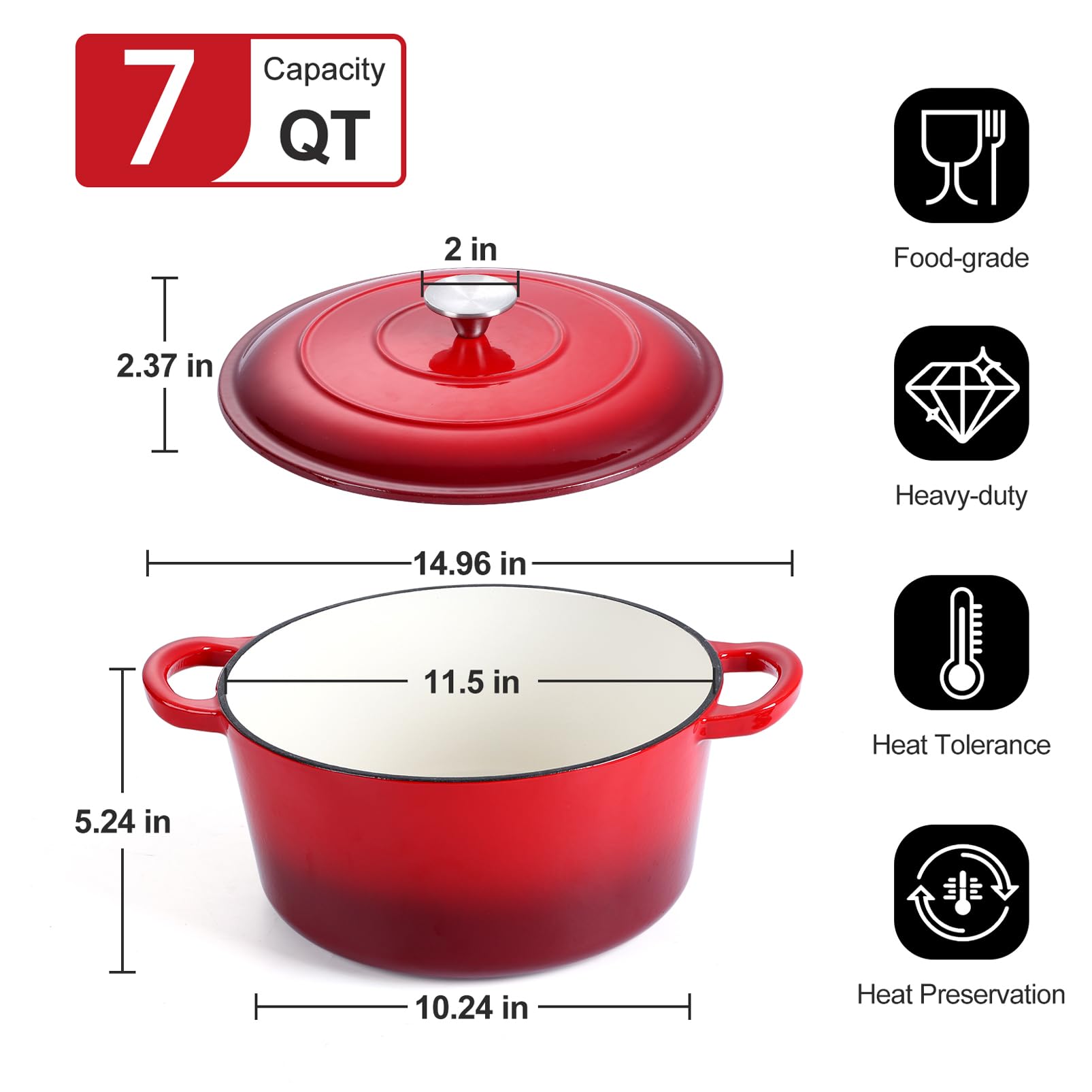 P&P CHEF Enameled Cast Iron Dutch Oven 7QT - Red Enameled Casserole Pot with Lid for Baking Bread, Roasting, Braising, Stewing, Frying & Simmering - Oven, Stovetop & Induction Safe - Easy to Clean - Perfect for Home Cooking, Camping & Outdoor Use